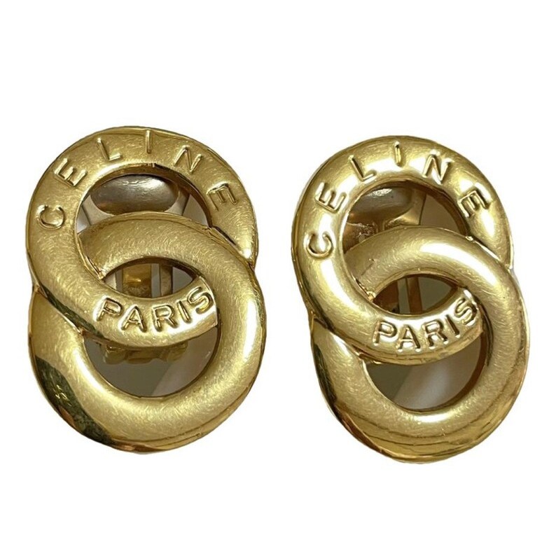 Celine Vintage Gold Tone Double Round Motif Earrings With Embossed Logo